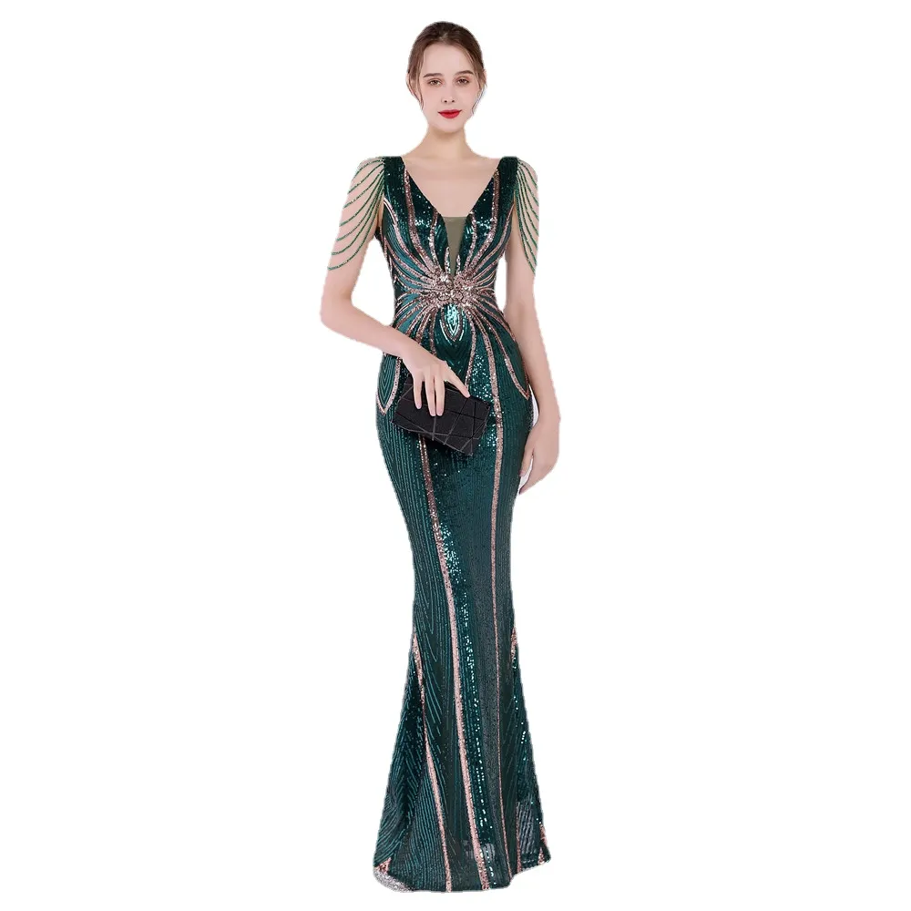 Dresses de lantejoulas verdes de lantejous verdes deveado vestido de luxo de luxo Mulheres elegantes vestido de noite, vestido maxi