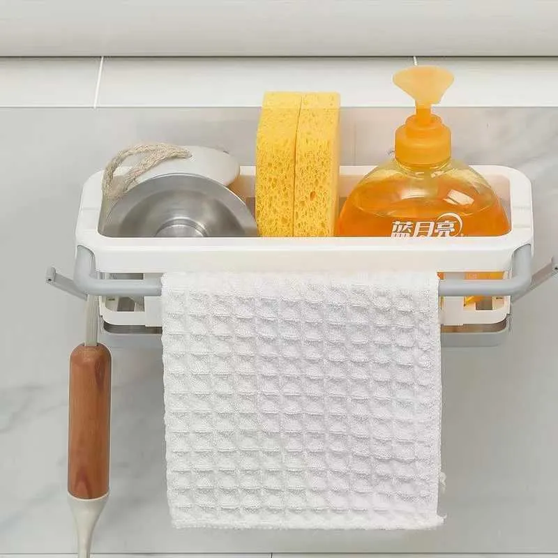 Kitchen Sink Shelving Bag - Suction Sponge & Dish Cloth Holder - Drain Rack & Organizer - Gray Rubber