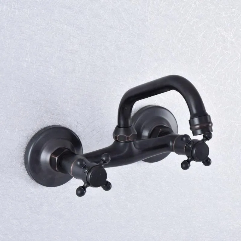 Rubinetti da cucina Ottone lucidato a olio nero Doppia maniglia Doppio foro Rubinetto per lavabo a parete Bocca girevole Miscelatore per lavandino del bagno Dsf735