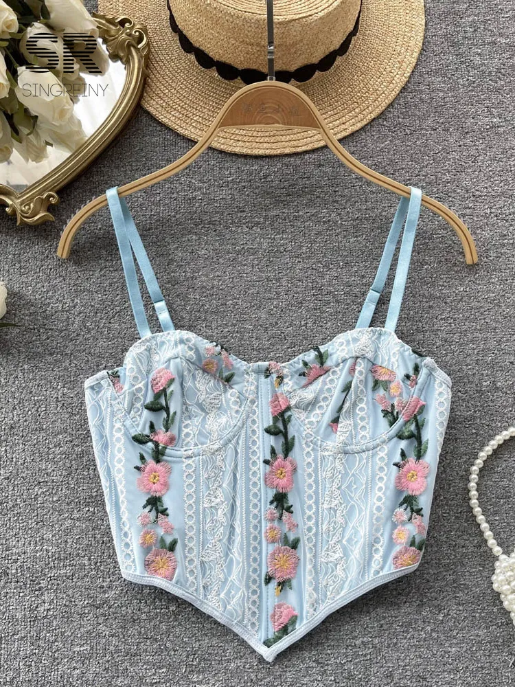 Camisoles Tanks Singreiny Floral Embroidery Lace Sexig Camisole Fashion Women Backless Blue French Y2K Female Summer Beach Style Crop Tops 230426