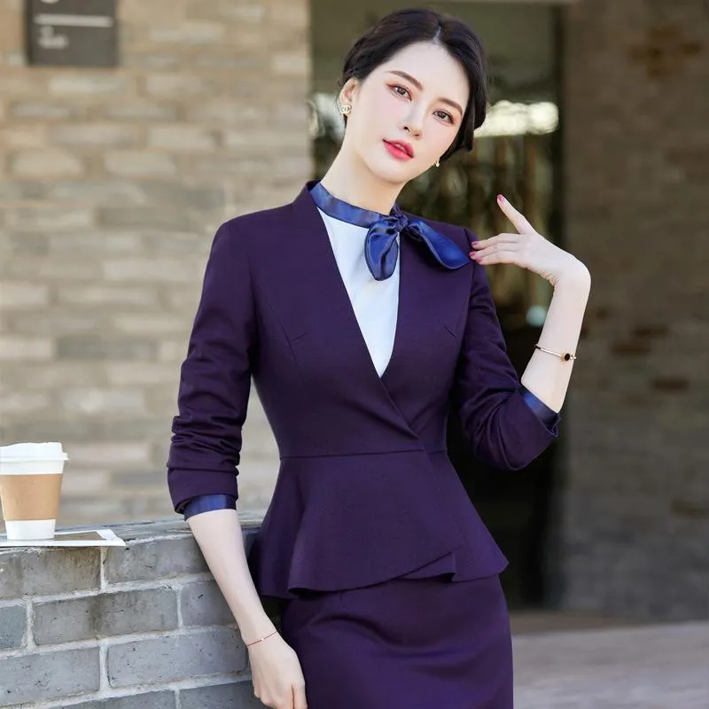 Pants S4XL Professional Women's Office Suit kjol Twopiece Spring och Autumn Fashion Solid Color Long Sleeve Jacket Casual Half Body