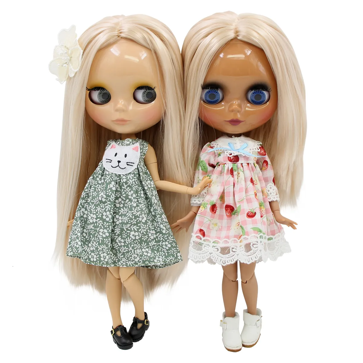 Puppen ICY DBS Blyth Puppe Bjd Neoblond goldenes Champagnerhaar glattes Haar gebräunte Haut glänzendes Gesicht dunkle Haut Gelenkkörper Anime Mädchen Geschenk 230426