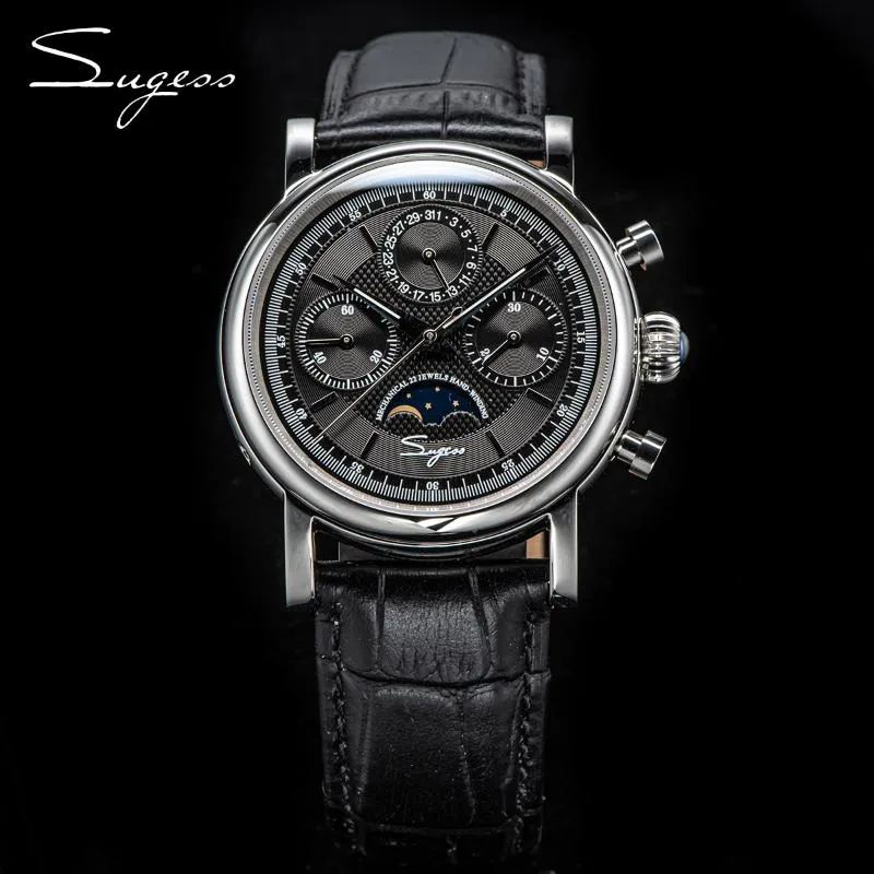 Zegarek Sugess ST1908 Chronograph Mechanical Seagull Moonphase Ruch Wodoodporny zegarek Sapphire Kalendarz Vintage Bk Tarf