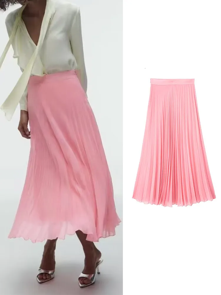 Skirts Women Spring Summer Elegant Chic Color sólido Falda midi plisada Moda de lujo Faldas rosadas femeninas Faldas Mujer 230425