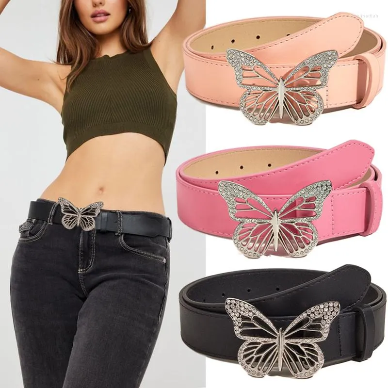 Pasy sztuczne skórzane kobiety Butterfly Burzacz paska Pasek Rhinestone Shiny Srebrny pasek Metal Diamond Szerokie sukienka Dekoracja