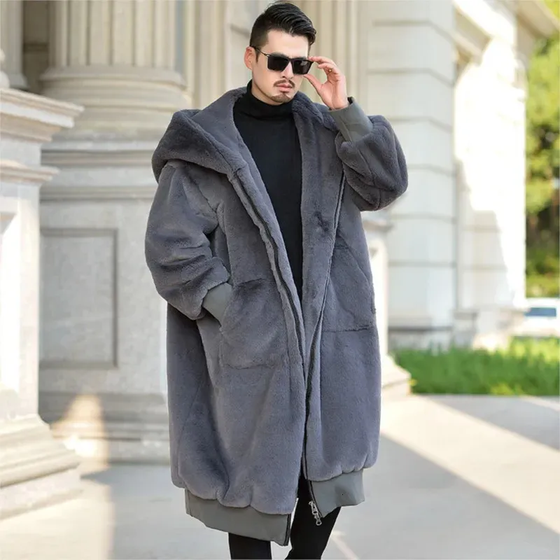 Manteau Long en fausse fourrure pour hommes, surdimensionné, ample, veste à capuche en lapin, poches de grande taille, fermeture éclair, épais et chaud, pardessus Xlong d'hiver 231124