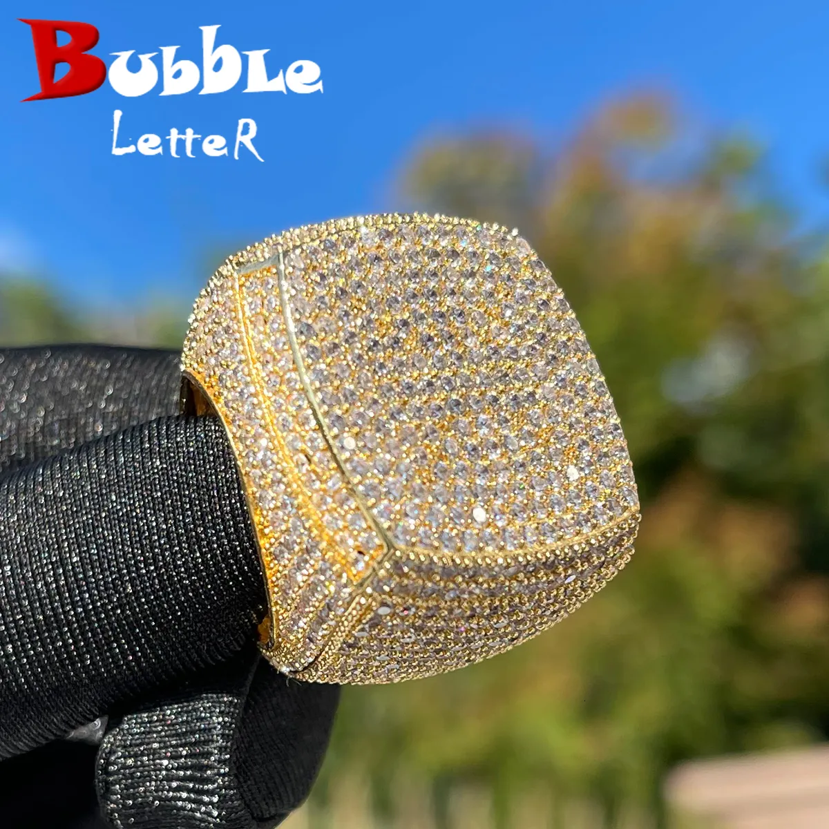 Cluster-Ringe Bubble Letter Iced Out Ring für Männer Echtvergoldete Krappenfassung Kupfer CZ Steine Hip Hop Modeschmuck Trend 230426
