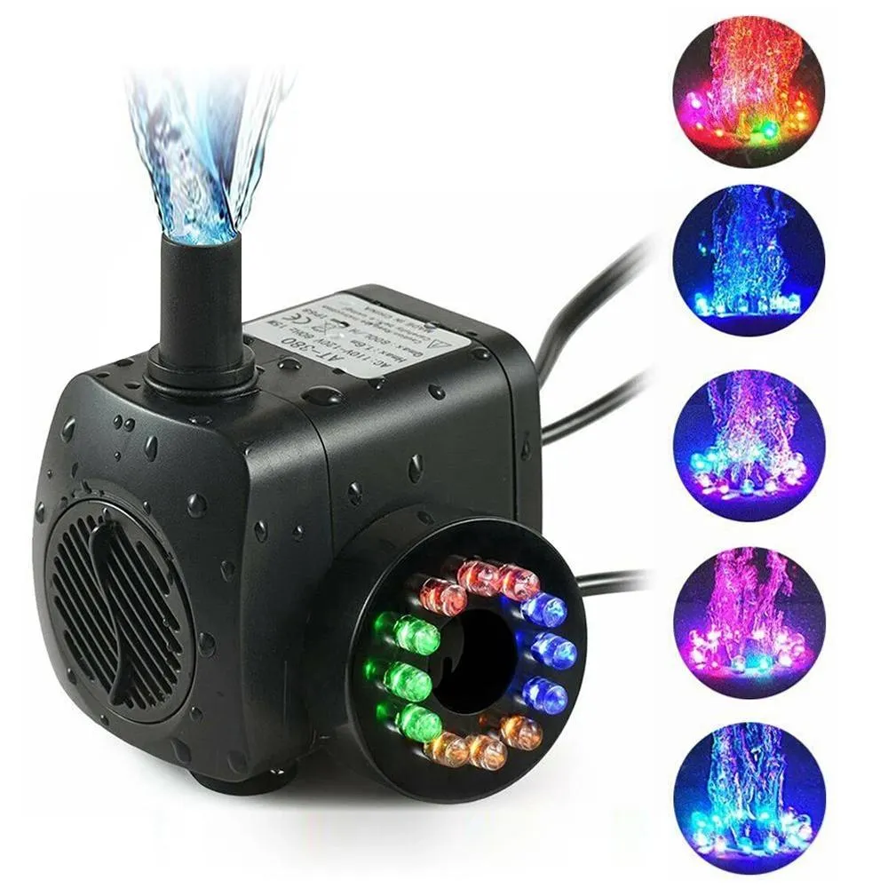 Bombas 15W Bomba de água de aquário com LED Light Pond Bomba submersível Fonte de jardim Bomba de tanque de peixes LED Filtro de aquário EUA.