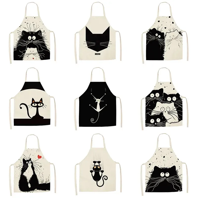 Schwarz-Weiß-Katzen-Cartoon-Leinenschürze für Hauskochen Ärmellose Halfterflecken-Sicht-Kochtaille Lätzchen für Kinder