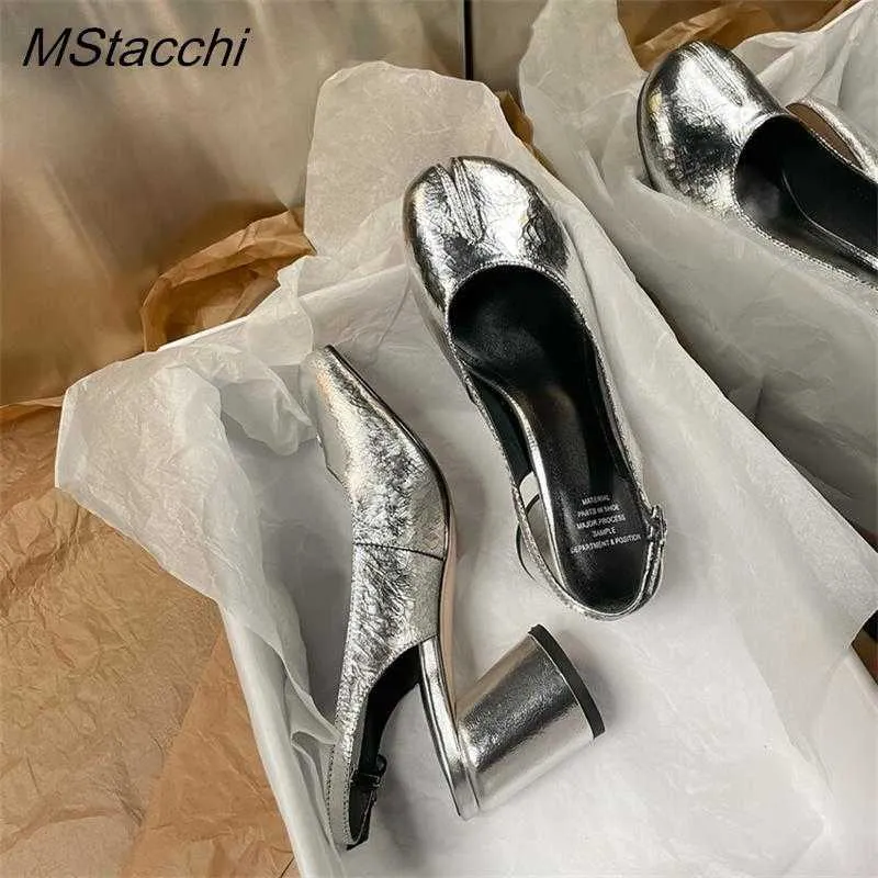 Nxy Sandalen Split Toe Damen Pumps Echtes Leder Runde Ferse Schuhe Sommer Luxusmarke Silber Designer Stilvolle Slingback 230406