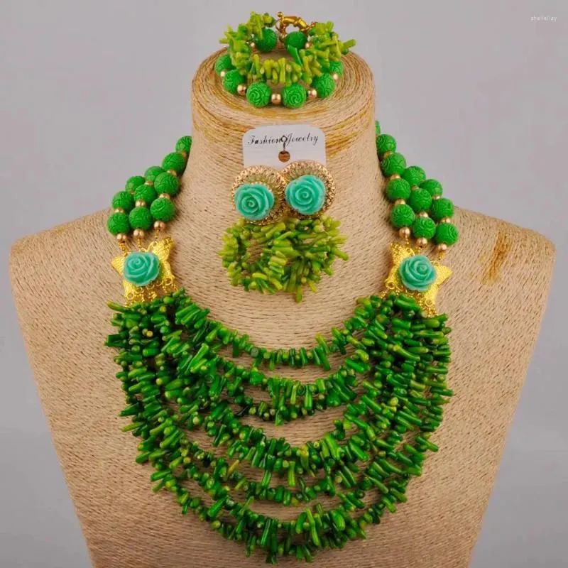 Ensemble collier et boucles d'oreilles pour femmes africaines, accessoires de mariage, robe de mariée nigériane, corail vert, branche fragmentée, XK-46