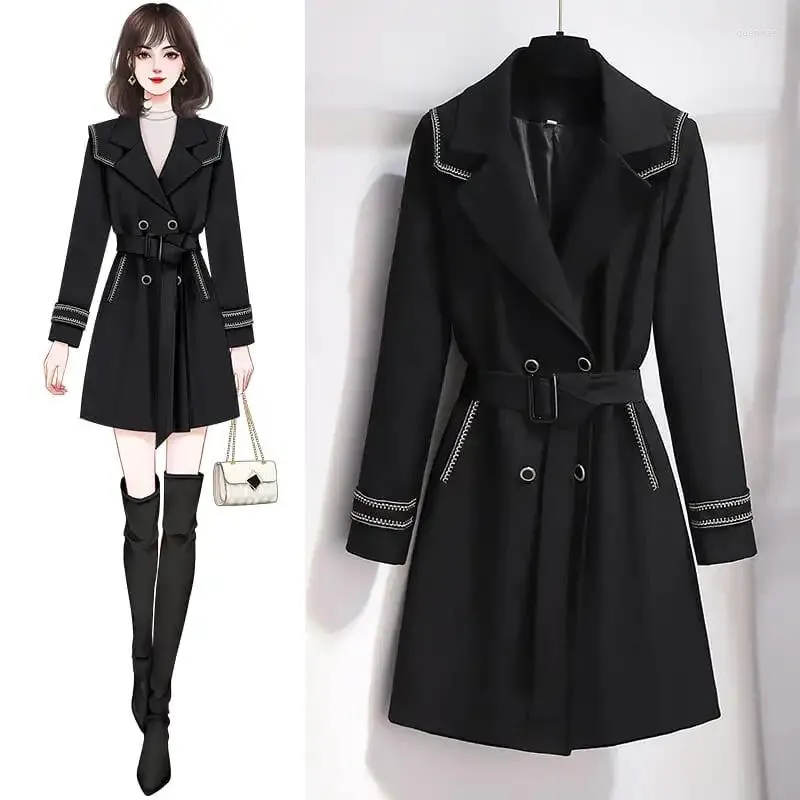 Женские траншеи Coats Black Whindbreaker Женский длинное стиль 2023 г. Весна и осенний темперамент этого года женский высококлассный пальто M1173