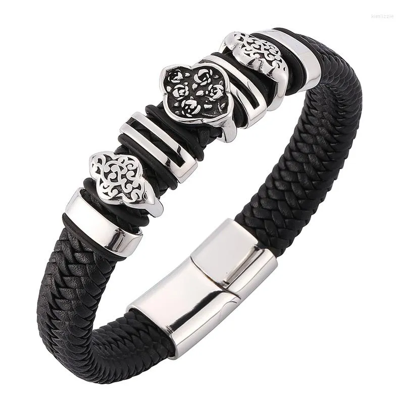 Bracelets porte-bonheur Vintage hommes bijoux Bracelet en cuir tressé noir fait à la main en acier inoxydable fermoir magnétique Bracelet Punk SP0106