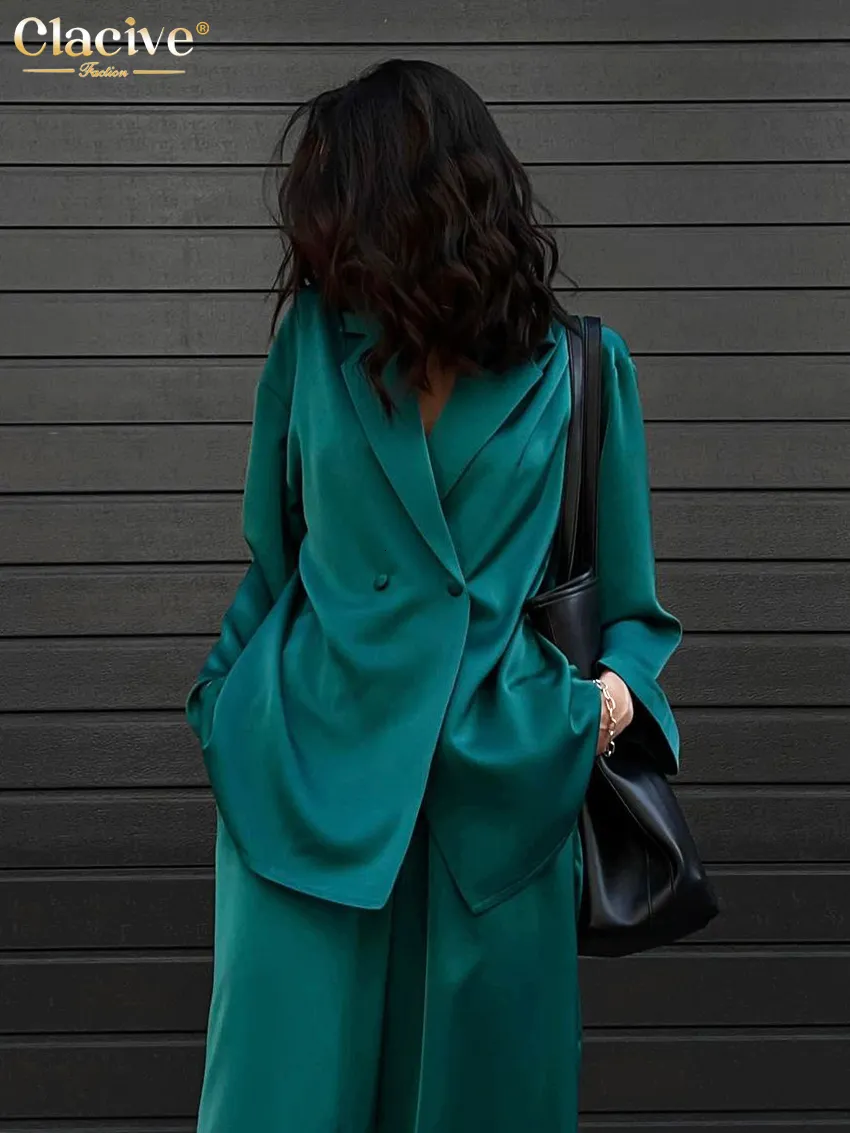 Women's Two Piece Pants Clacive Fashion Long Sleeve Blazer Set Outifits Casual Loose Office Elegant Green Satin Trouser Suits 230426