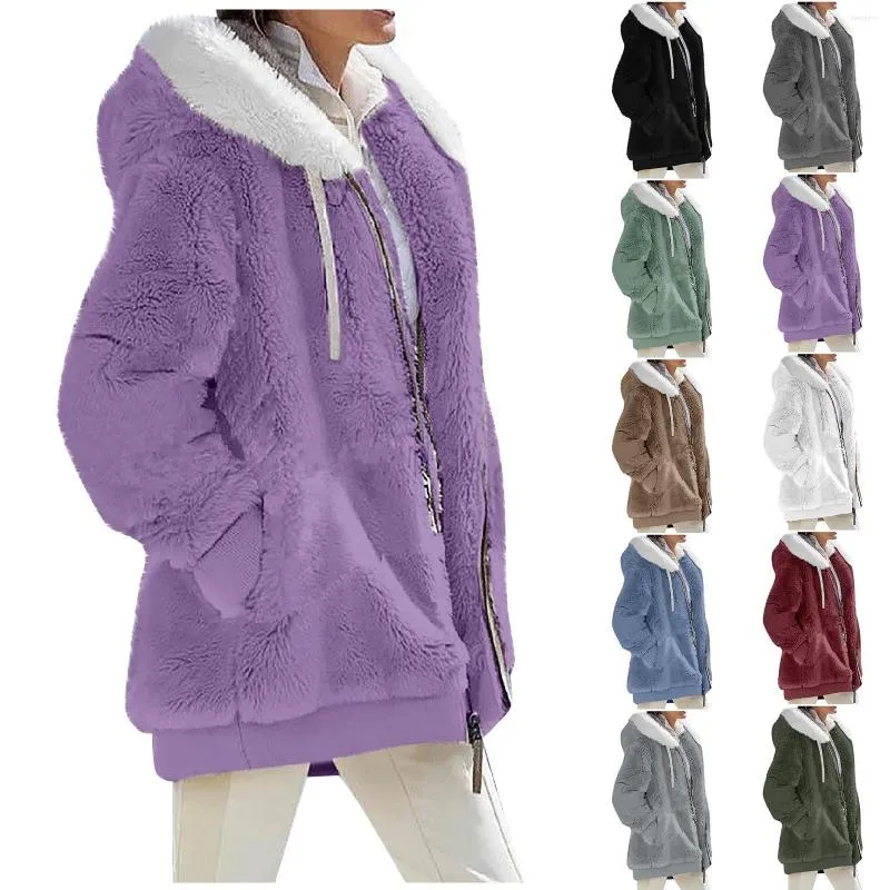 Damenjacken Winter Damenmode Soild Loose Plüsch Langarm Reißverschlusstasche Kapuzenwesten Mantel Warme Mäntel Teddyjacke Einfarbig