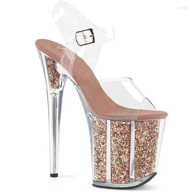 Sandales 20 Cm Sexy Plateforme Transparente Paillettes Décoration 8 Pouces Stiletto Banquet Discothèque Femmes Chaussures Pole Dancing Modèle