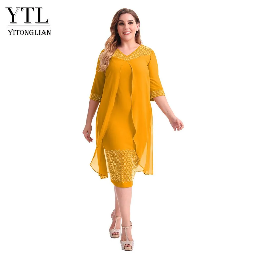 Платье Yitonglian, новинка 2023 года, стильное женское винтажное роскошное летнее шифоновое платье с бриллиантами больших размеров, повседневное свободное платье W109
