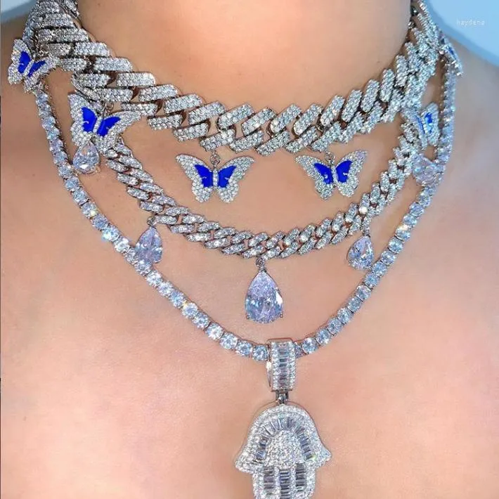 Kettingen 15 '' 16 '' Hiphop Iced Out Bling Cz Email Blue Butterfly 5a Cubic Zirconia Miami Cuban Link Chain 15mm Choker