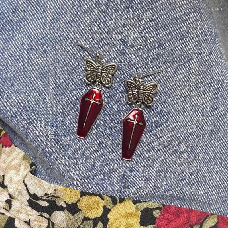 Boucles d'oreilles gothiques papillon, pendentif cercueil rouge foncé, esthétique Egirl, accessoire Cool pour femmes Halloween