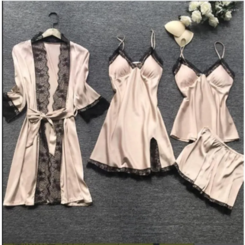 Suknia sutowa damska szorty koronkowe szorty szatowe szaty nocne stroje Kobiety 4 -częściowy zestaw piżamy