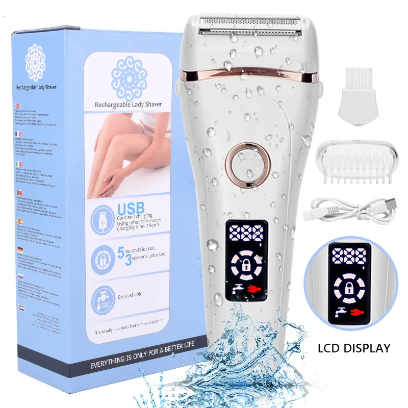 Epilator Electric Razor Painless Lady Shaver for Women USB Laddning Bikini Trimmer för hela kroppens vattentät LCD -skärm Våt torrt med 230425