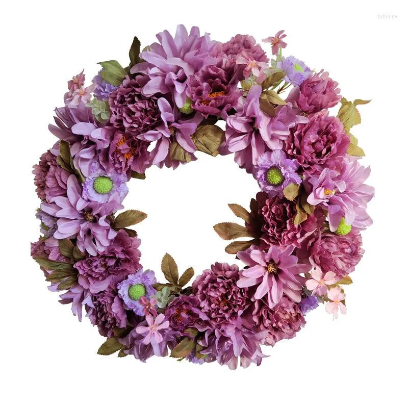 Fleurs décoratives 56 cm Violet Pivoine Fleur Guirlande Ronde Rotin Simulation Guirlande Soie Artificielle Faux Porte Mur Fenêtre Décoration De Fête De Mariage