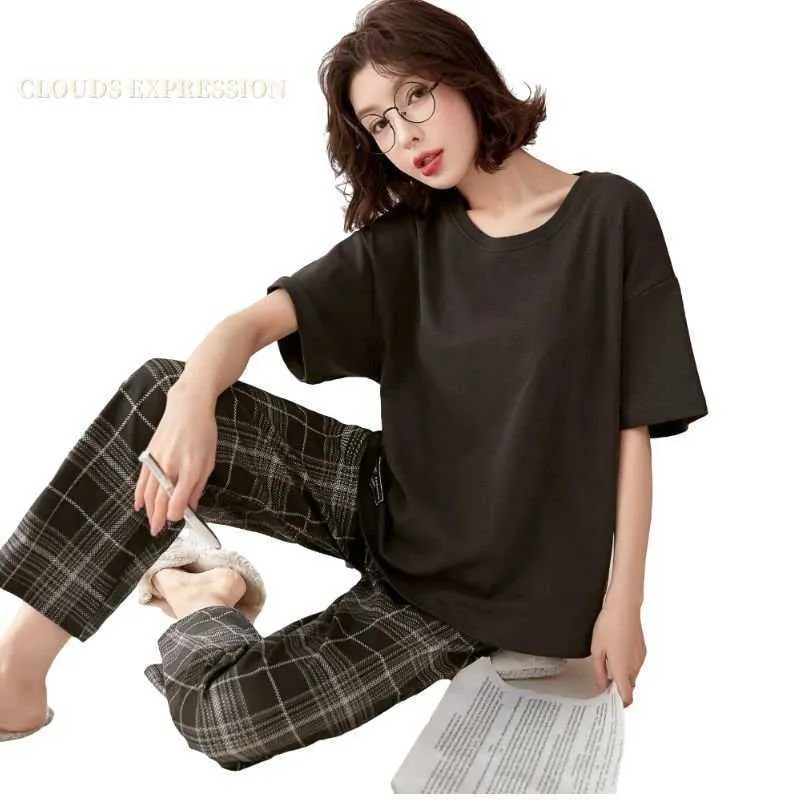 Indumenti da notte da donna Primavera Estate Maniche corte Elegante Pigiama da donna Set Astratto Sexy Bla Indumenti da notte Plaid Sleepwear Lounge Homewear Fashion