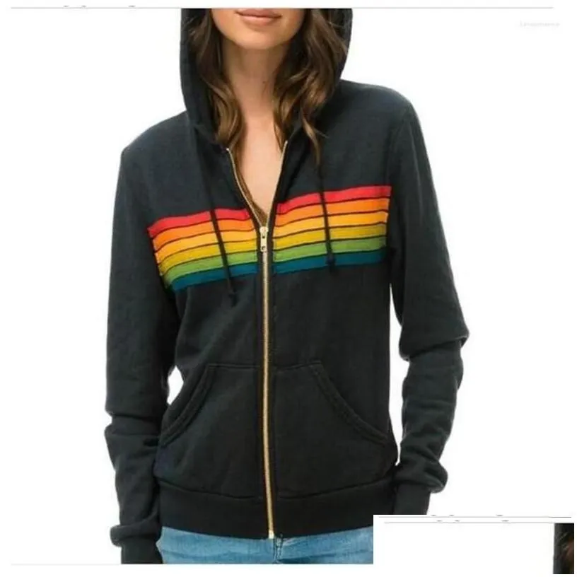 womens hoodies sweatshirts zipup jacket women rainbow stripe splicing long sleeve casual slim hooded autumn fashion europeusa sty