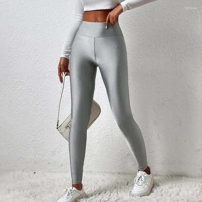 Kvinnors leggings glansiga idrotts tights kvinnor solid färg smal passform hög midja springande gym kvinnlig sommar avslappnad yoga byxor