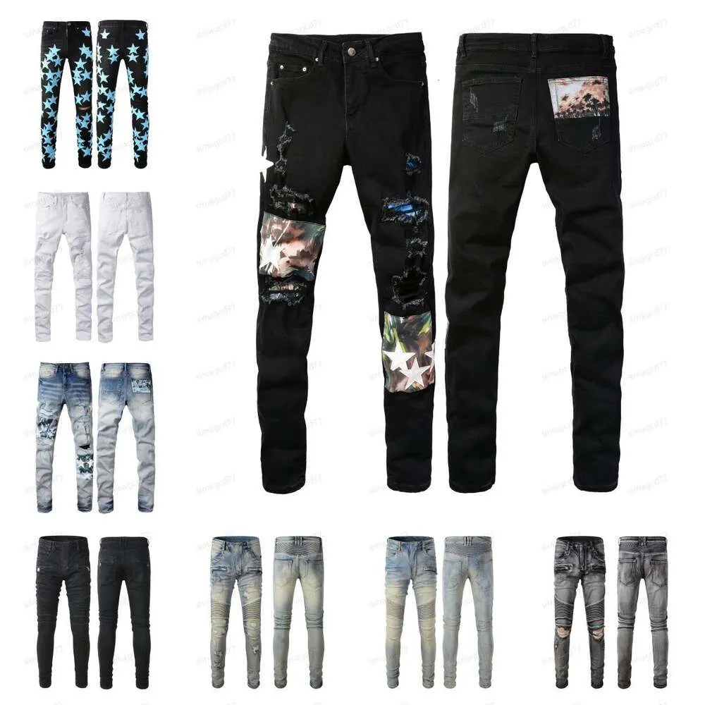 ontwerper amirs Heren Heren Jeans High Street Paarse Jeans voor heren Borduurbroek Womens Oversize Ripped Patch Hole Deni 7942