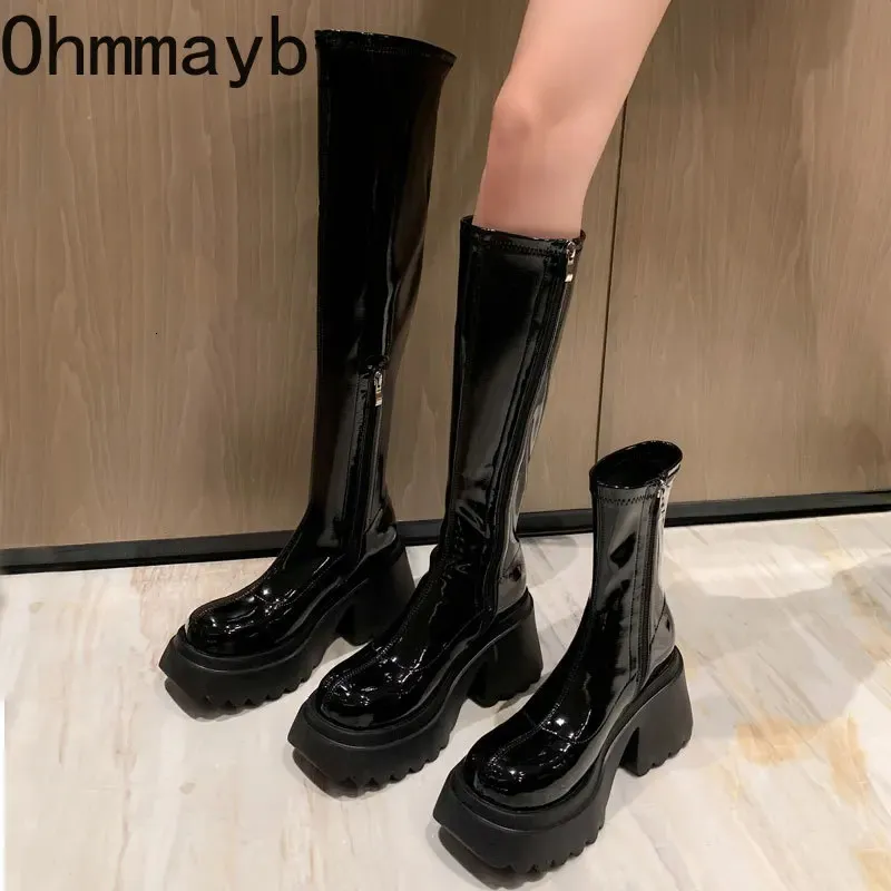 Ladies black patent knee high boots cheap