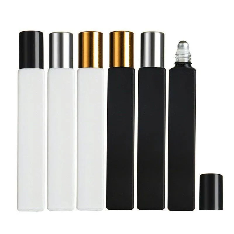 Empty Square Glass Roll On Bottles 10ml Essential Oil Perfume Bottle with Matte Black/White Color Stainless Steel Roller Ball Otibi