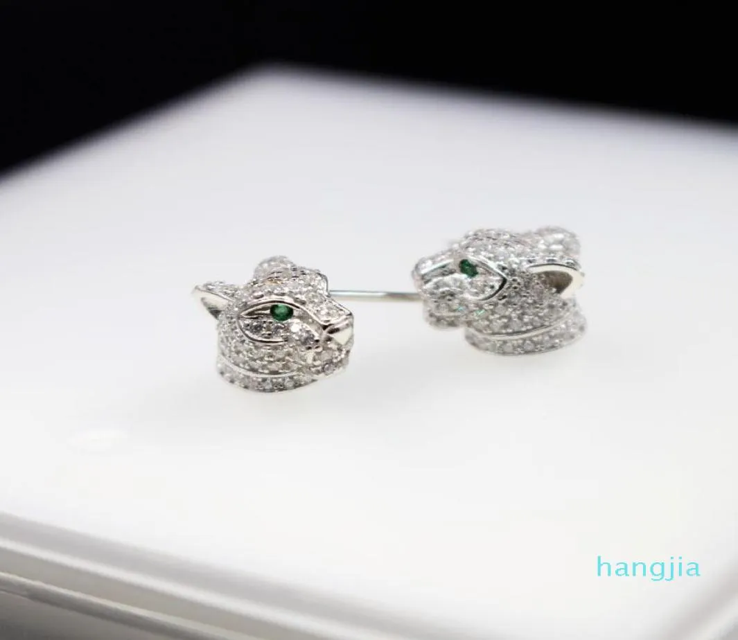 Leopard Head Green Eyes Stud Earring 925 Sterling Silver Full Zircon Beads Panther Women Animal Bridal Jewelry1028300