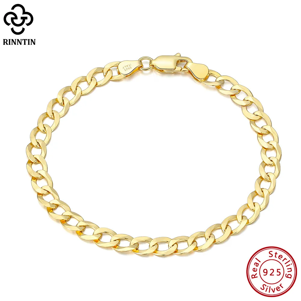 Chain Rinntin 18K Gold Over 925 Sterling Silver 3mm Italian Cuban Chain Bracelet for Women Men Trendy Silver Bracelet Jewelry SB123 230425