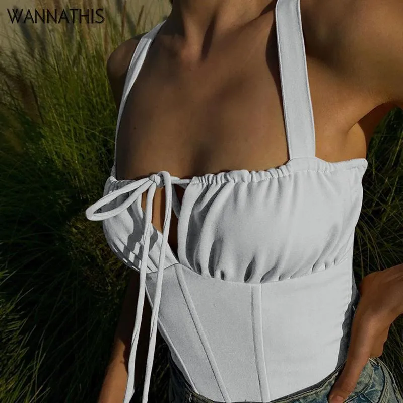 T-shirt Wannathis Sleeplaless Camis Women koronkowy zbiornikowy czołg Top Kobiety Summer 2021 Casual Elegant Crop Top Bandage Backless Solid Color