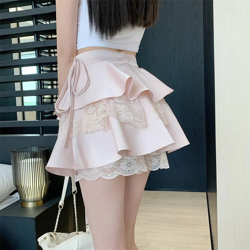 Röcke Lolita Mini Damen Süße Rüschen Spitze Patchwork Kuchenrock Niedlich Kawaii Korea Kleidung Hohe Taille Schnürung Fest Puffy