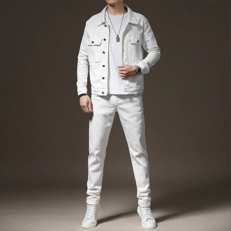 Весенние осенние спортивные костюмы белые растягиваемые джинсы для мужчин. Слумбная стройная куртка с длинным рукавом и брюки 2 шт.