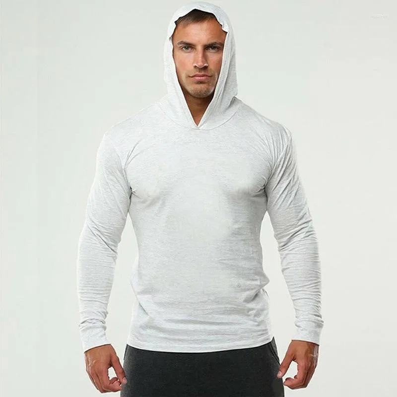 Men's T Shirts Summer And Autumn Muscle Men Solid Color Blank Hooded Slim Sports Long-Sleeved T-shirt Cotton