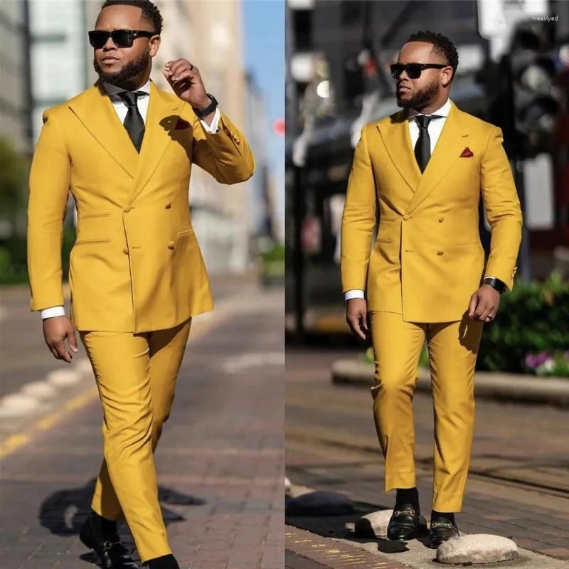 Ternos masculinos moda amarelo duplo breasted terno dos homens cavalheiro negócios blazer casamento noivo smoking 2 peça conjunto jaqueta calças terno masculino