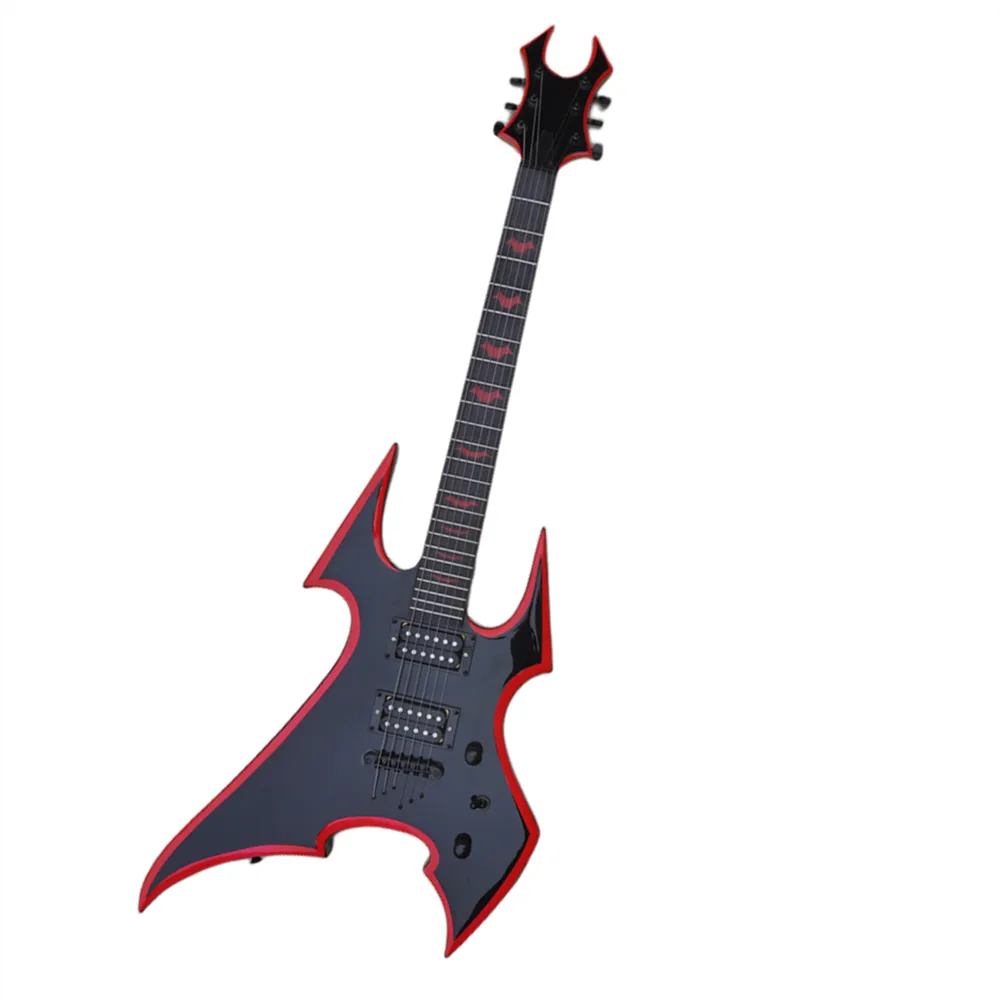 6 dizeler Kırmızı desen kakmalarına sahip String-ThrU-cyd Siyah Elektrik Gitar Logo/Renk Özelleştirme