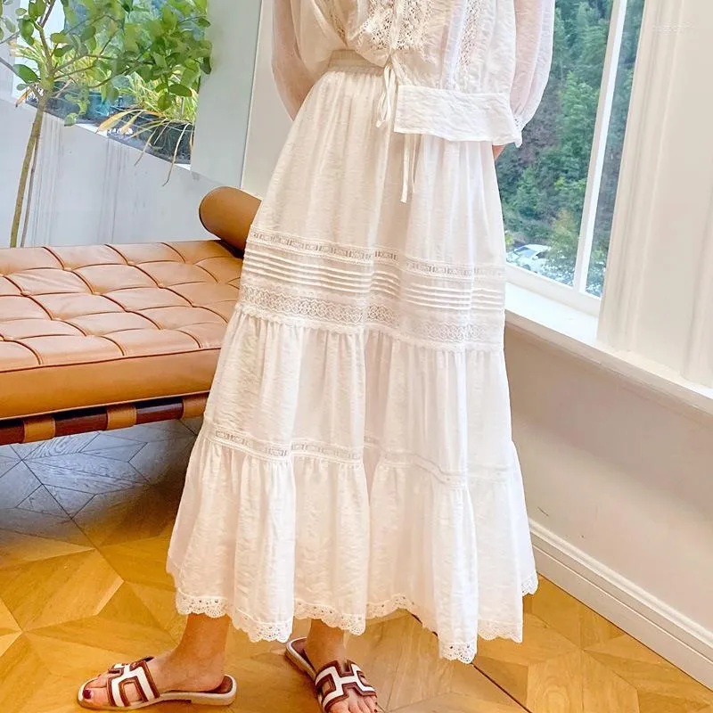 Saias boho maxi saia 2023 verão vintage renda de renda de retalhos A-line Casual Mulheres longas bagunçadas de babados