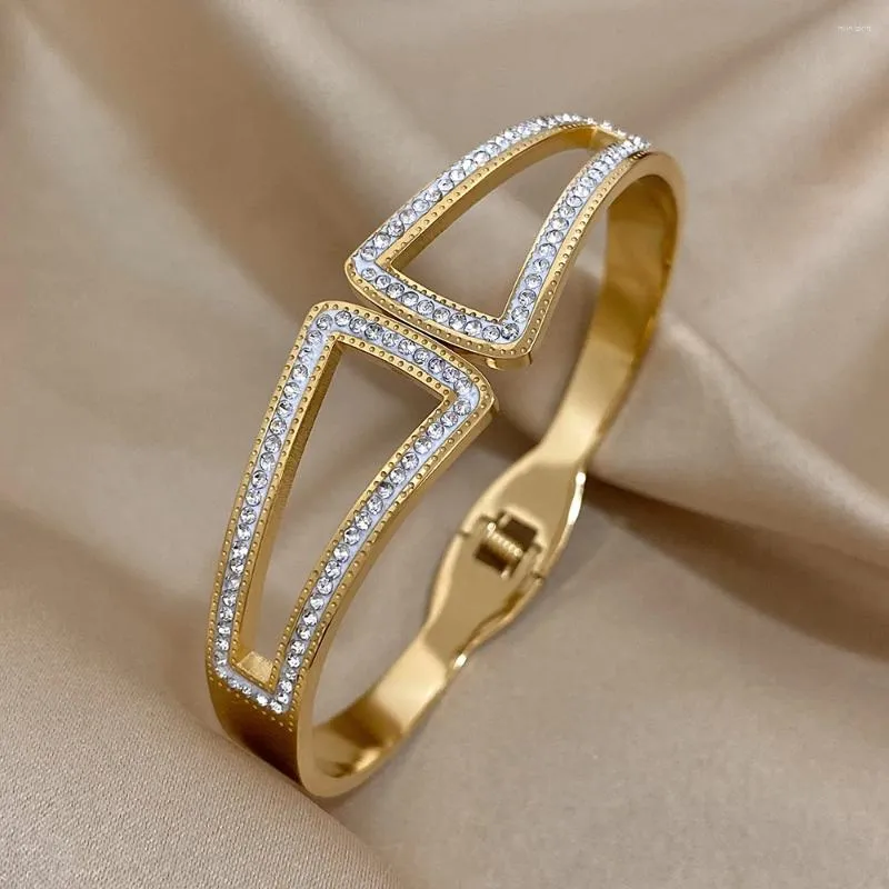 Bangle Luxe Kubieke Zirkoon Stokbrood Roestvrij Staal Vrouwen Elegante Strass Open Polsband Bruiloft Sieraden Cadeau