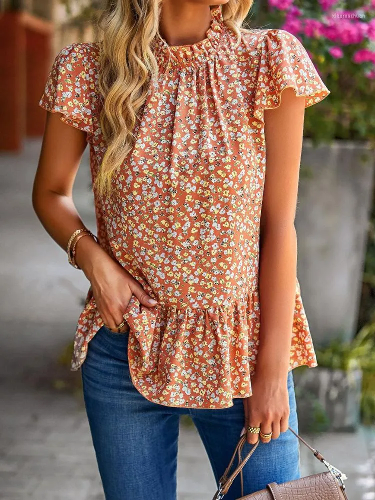 Blouses pour femmes 2023 été Boho Floral femmes hauts et bohème demi col haut à manches courtes en mousseline de soie chemise décontracté lâche dames Blusas