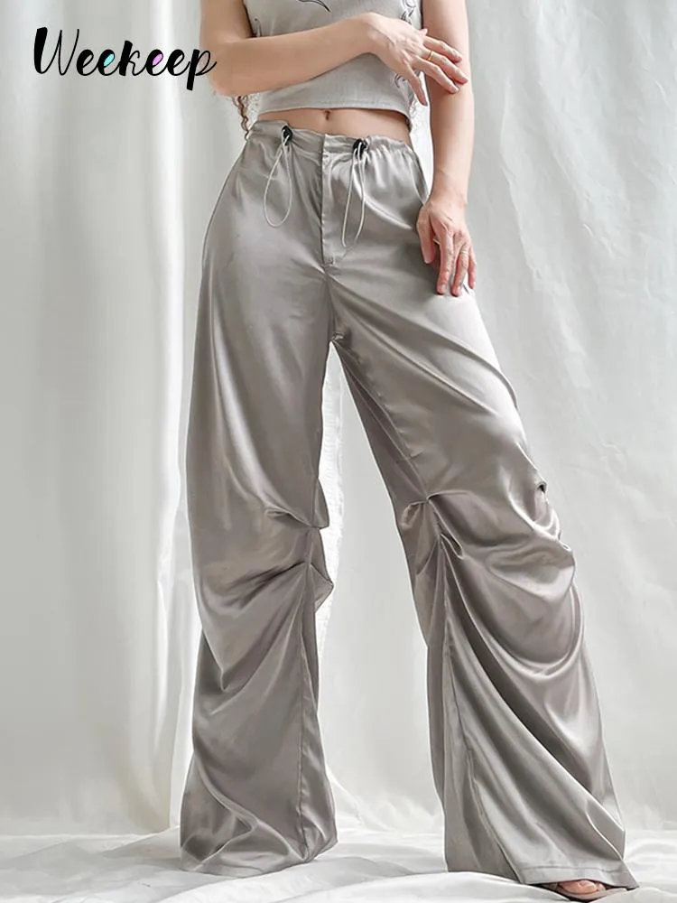 Capris Weekeep Satin Wide Leg Legs Pantsバギードローストリングジョギングスウェットパンツ2022夏のファッション低ライズズボンエレガントなストリート