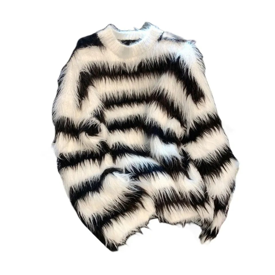 Nowy styl damski blok w paski do diety Faux Fur Zatchnięte dzianinowe gęste sweter skoczki smlxlxxl