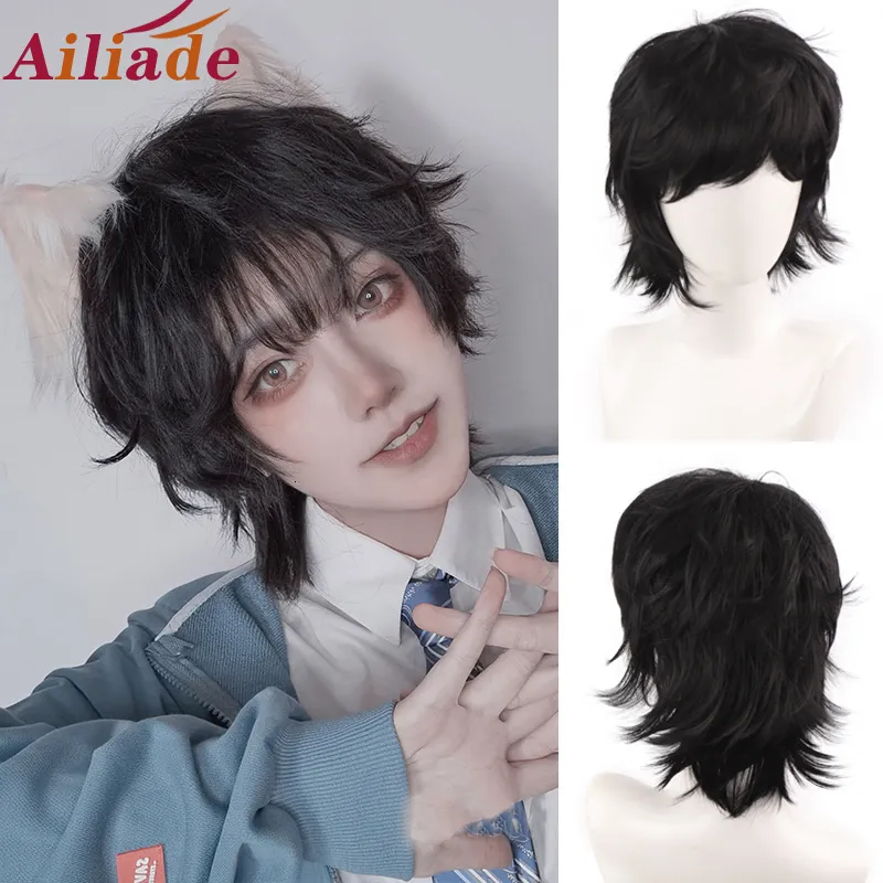 Синтетические парики Ailiade Black Mens Short Straight Bangs 12 "для мужского мальчика косплей аниме ежедневно термостойка вечеринки 230425
