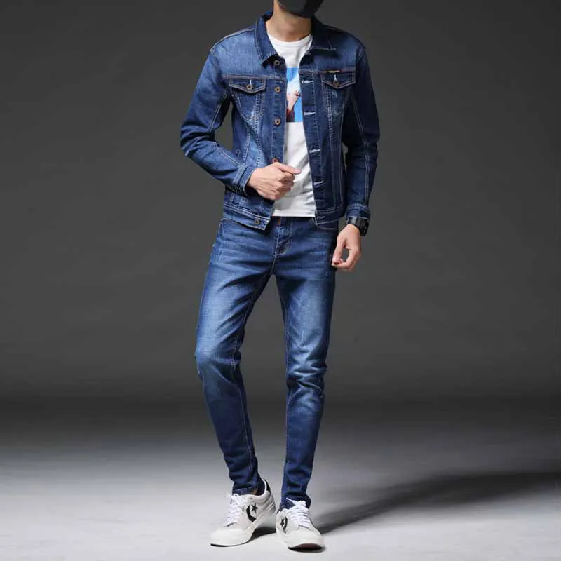 Smart Business Tracks Peits Simple Blue Men Tweedelige sets Spring Herfst Denim Jacket en Jeans Fashion Slim Trendy Stretch Mens Clothing