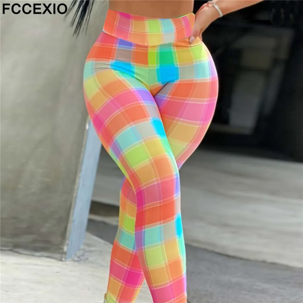 Women's Leggings FCCEXIO Color Grid 3D Print Women Pants Push Up Running Sports Leggings Slim Pants Female Casual Trousers Fitness Legging 230425