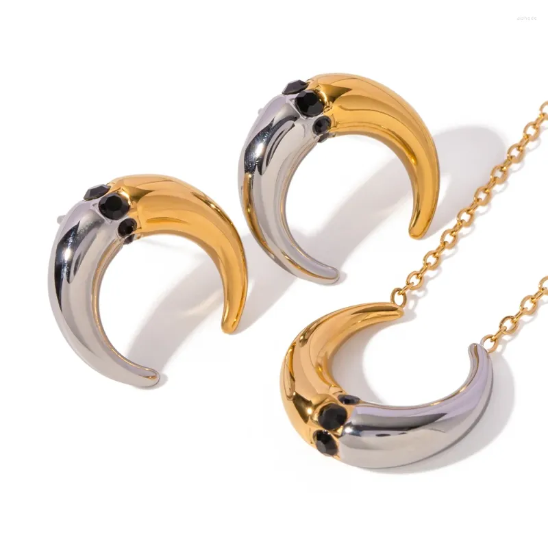 Necklace Earrings Set Youthway Stainless Steel Black Rhinestone Color Matching Horn Pendant Women's Waterproof Jewelry