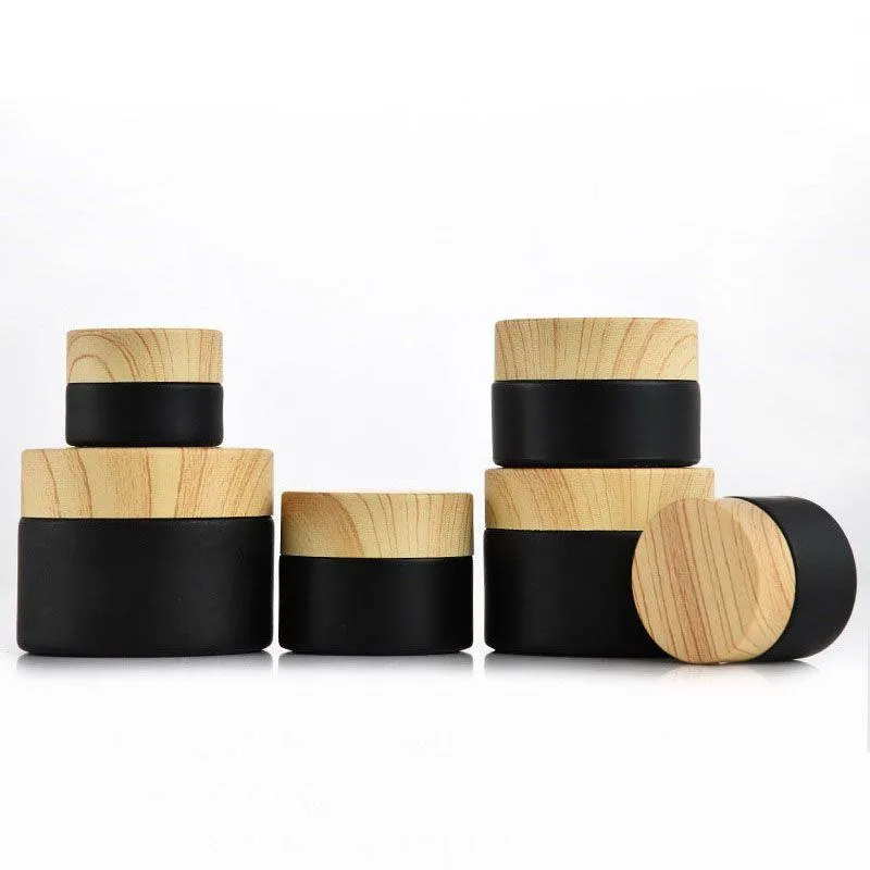Black frosted glass cosmetic jars with woodgrain plastic lids PP liner 5g 10g 15g 20g 30 50g lip balm cream containers Wfbqj